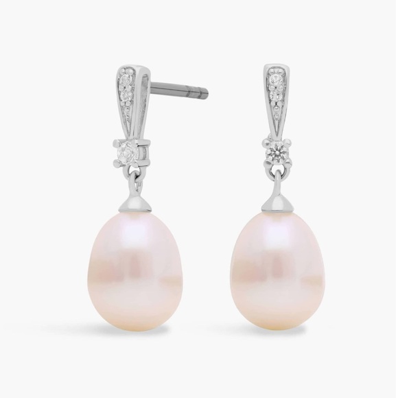 Freshwater Cultured Pearl and White Topaz Drop Earrings in Sterling Silver (7mm) - Picture 1 of 8